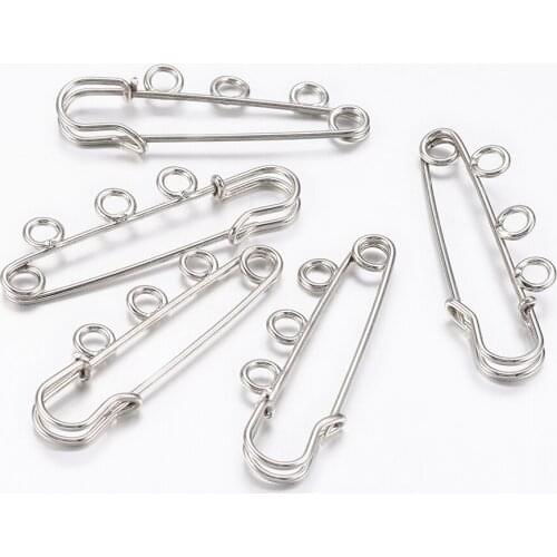 300Pcs Iron Brooch Findings with Three Holes Kilt Needles Platinum Color 15x38x5mm, Hole: 2.7mm