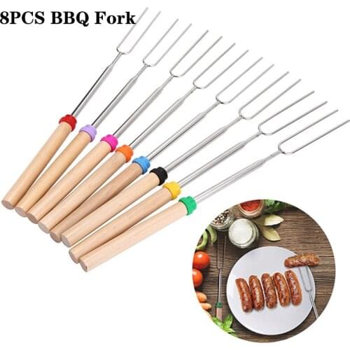 8pcs/set Adjustable BBQ Fork Stick Barbecue Stainless Steel BBQ Tools Sticks with Storage Bag for Home Kitchen Outdoor Camping