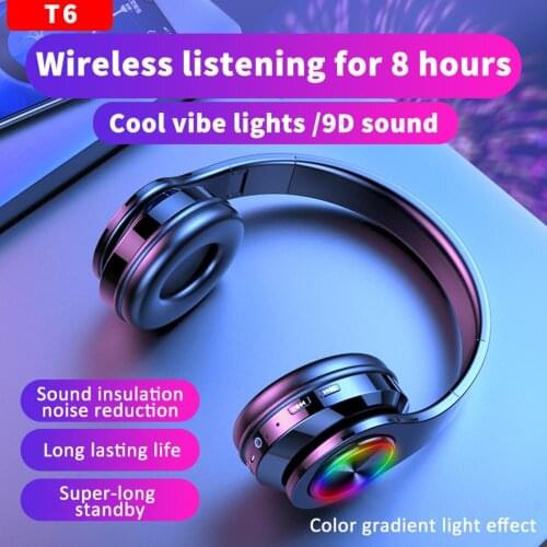 7color Led Light 3.5mm Jack 5.0 Stereo Bluetooth Headphone Deep Active Noise Canceling T6 Wireless Headset For Ps4 /pc/laptop