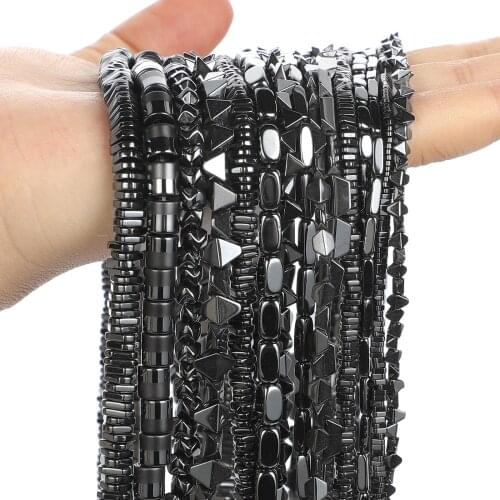 Natural Stone Beads Black Irregular Hematite Rhombus Gear Round Loose Spacer Beads for Jewelry Making Bracelets Accessories DIY