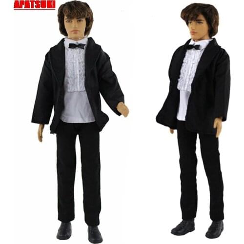 Black Coat + Black Long Pants White Shirts Outfits Clothes for Ken Boy Doll Clothes for Barbies Boyfriend Ken Male Doll Kid Toy