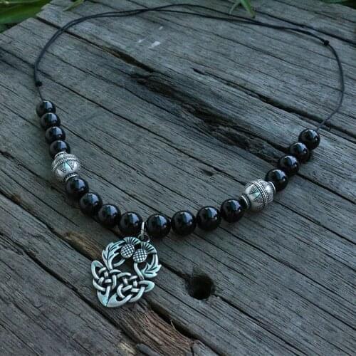 Black Onyx Beads With Blessed Thistle Long Adjustable Necklace, Rough Viking Apron Dress Chain Necklace Jewelry For Charm Women