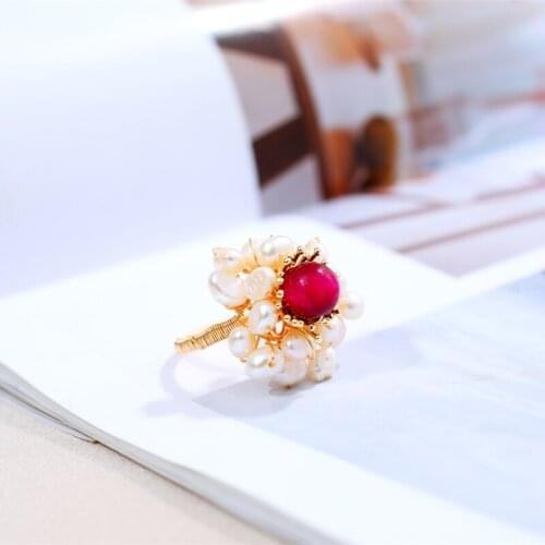 DMJZ068003 Pearl Ring Tigers eye 4-5mm Pearl Rings For Women Adjustable