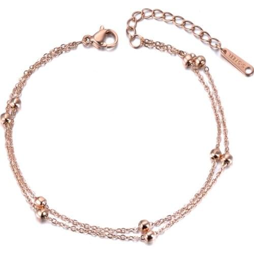 Trendy Double Layers Round Beads Charm Bracelet Jewelry Rose Gold Titanium Steel Chain & Link Womens Bracelet B19051