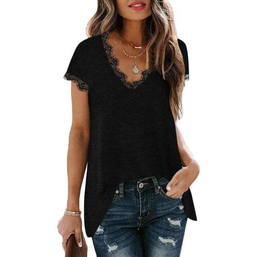 V-neck Lace Tunic T Shirt Fashion Women Solid Color Top Female Summer Tops Tee Short Sleeve Loose Casual T-Shirt Streetwear