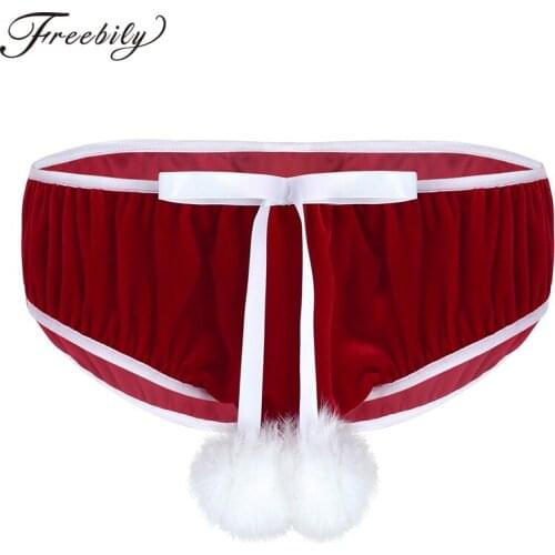 Mens Sexy Lingerie Underwear Jockstraps Velvet Christmas Halloween Bowknot 2 Plush Ball Stretchy Fancy Cosplay Briefs Underwear