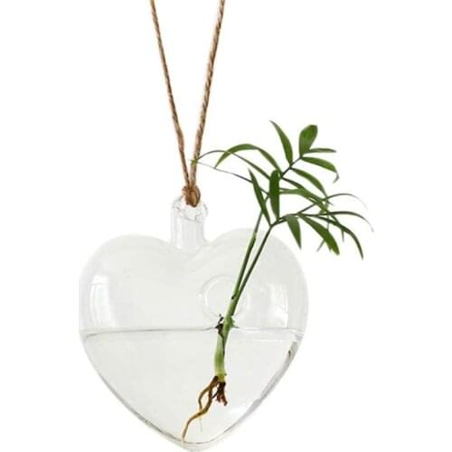 Heart-Shaped Hanging Glass Flower Planter Vase Terrarium Container for Hydroponic Plants Home Garden Decor
