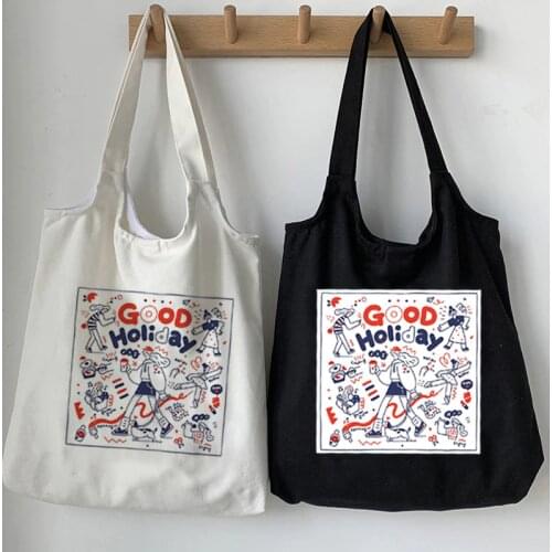 Japan wave fun print casual large capacity canvas bag female shoulder bag fashion Harajuku Cartoon letter Ulzzang zipper bags