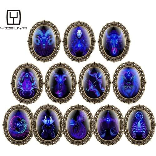 New Vintage Dark Blue Pattern Watches for Girls Boys 12 Constellations Pendant Necklace Quartz Analog Pocket Watch for Teenagers