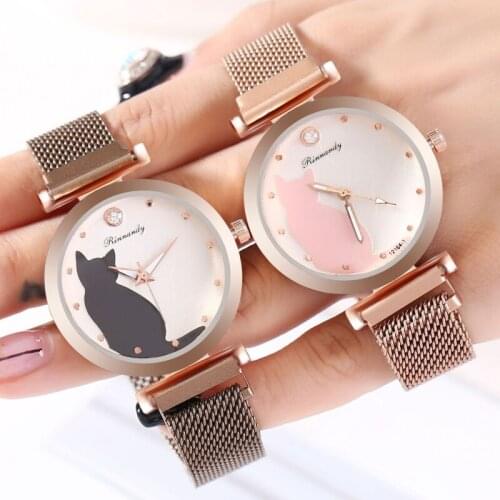Luxury Black Quartz Watches Fashion Simple Creative Cartoon Cat Watch Lazy Magnet Buckle Alloy Strap Women Clocks Zegarek Damski