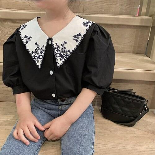 Baby Girl Shirt Spring Summer Girls Blouse Tops Embroidered Turn-Collar Shirt Fashion Floral Children Girls Shirt 1-7Y DT069