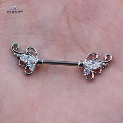 Starbeauty 2pcs Vintage Flower Nipple Ring Helix Earring Clear Stone 14G Barbell Nipple Piercing Stainless Steel Body Jewelry