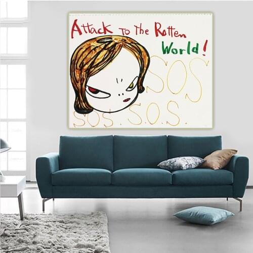 Yoshitomo Nara《Attack to the rotten world!》Cartoon Japanese Canvas Oil Painting Aesthetic Art Picture Wall Decor Home Decoration