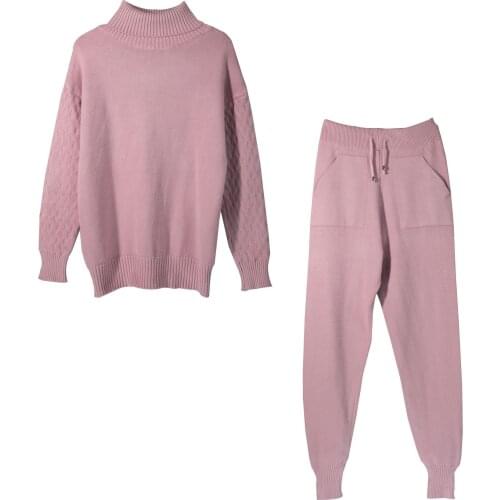 Candy Color European Women Knit Sport Suits spring Turtleneck Women Sweater + Drawstring Harem Pants
