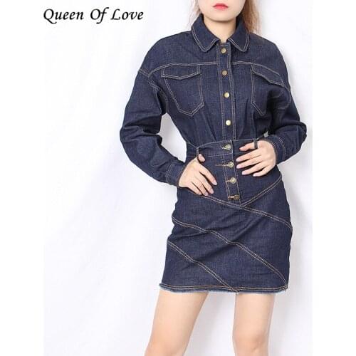 Two Peice Dark Side Denim Skirt And Jacket Set 2020 New Fashion Elegant Runway Streetwear Women Mini Shirt Jeans Skirts Outfits