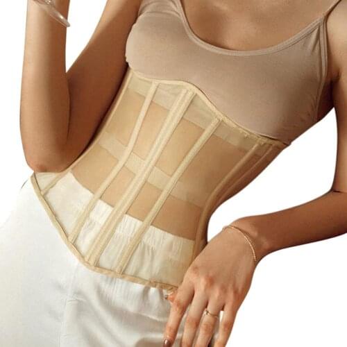 Women See Through Mesh Lace Up Corset Bustier Sexy Boned Wrap Bandage Tube Crop Top Waist Cincher Wide Belt