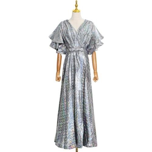 2021 Autumn New Laser Shiny Silver Y2K Evening Party Dresses Women Elegant V-neck Ruffles Sleeve Long Dress Prom Gown
