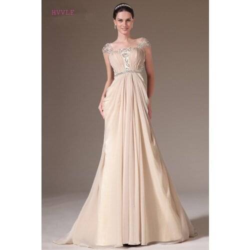 Champagne Evening Dresses A-line Cap Sleeves Chiffon Beaded Lace Plus Size Long Evening Gown Prom Dresses Robe De Soiree