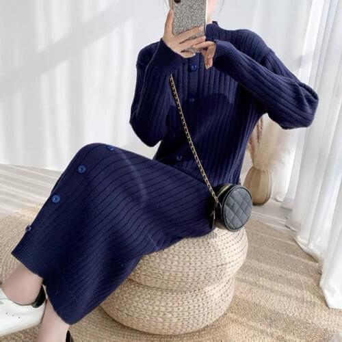 Womans Elegant Half-high Neck Knitted Midi Dresses Sweater Bag Hip Skirt Female Single-breasted Decorative Inner Casual Dress