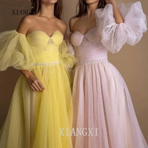 Jaune vif robe de bal 2020 rose Dot Tulle a-ligne longue robe de soirée formelle dernière manches robes élégantes Vestido
