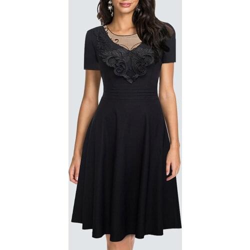 Women Vintage Brief Black Dress Summer Elegant Mesh Patchwork Butterfly Appliques Swing Party A-line Dress HA084