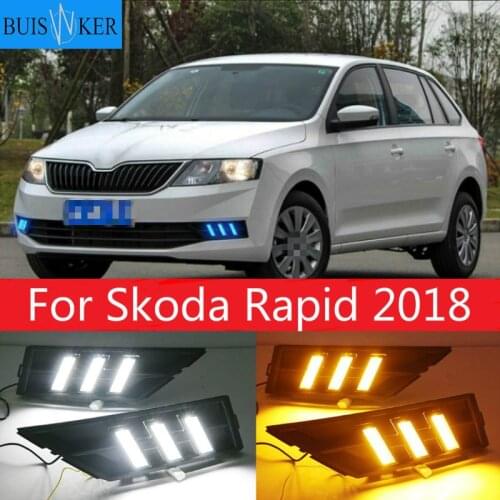 2Pcs DRL For Skoda Rapid 2018 With Yellow Turning Signal 12V Car DRL LED Daytime Running Light Fog Light