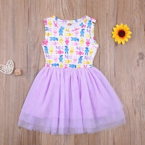 2021 Easter Kids Girls Mesh Dress Cartoon Rabbit Print Round Collar Sleeveless One-Piece Sundress Summer Purple 2-7Y