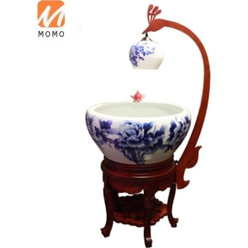 Style Blue and White Porcelain Fish Tank Fish Culturing Tub Circulation Indoor Fish Globe Porcelain Living Room Home with Light
