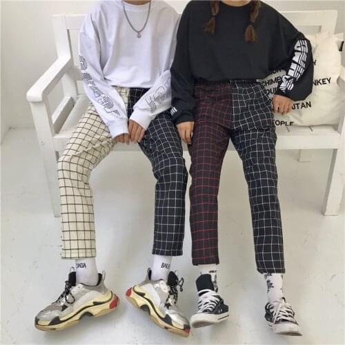 Harajuku bf wind retro literary plaid pants loose wild slim casual nine-point straight stretch pants for men and women