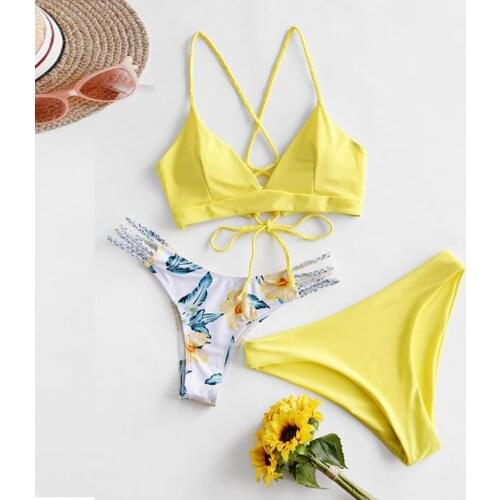 #H30 3pcs Bikinis 2020 Womens Swimming Suit Back Cross Bandage Bikini Set Bathing Suit Swimsuit Three Piece Swimwear Beachwear