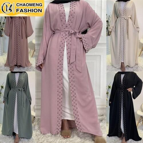 Middle East Eid Muslim Fashion Pearls Kimono Modest Elegant Cardigan Dubai Abaya For Women Kaftan Arab Turkey Islamic Clothing