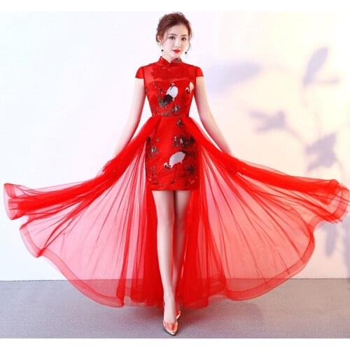 Red Chinese Style Womens Wedding Cheongsam Retro Sexy Slim Party Evening Dress Marriage Gown Qipao Fashion Lady Vestido S-3XL