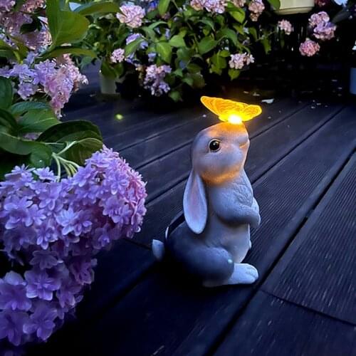 Cartoon Resin Rabbit Solar Sculpture Ornaments Outdoor Micro Landscape Animal Statues Miniatures Garden Decoration Accessories