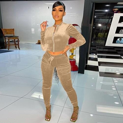 Solid Flocking Two Piece Set Women Early Autumn Sheath Zipper Long Sleeve Crop Tops+Bandage Drawstring Casual Pants Sweatsuits