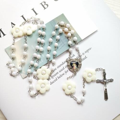 QIGO White Plastic Flower Cross Rosary Necklace For Women Long Religious Prayer Jewelry