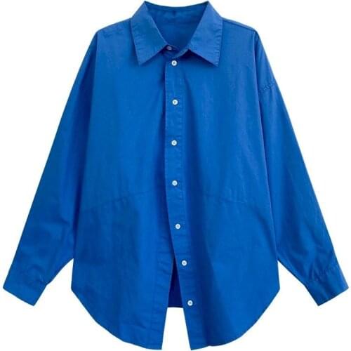 Pure Cotton Blue And White Striped Shirt Autumn New Mid-length Long-sleeved Solid Color Loose Casual Shirt Blouse Women 2021
