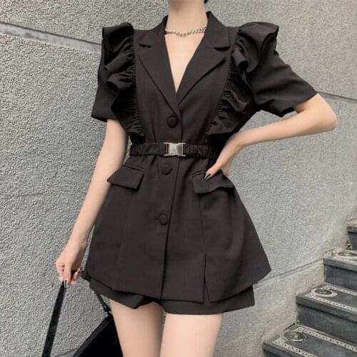 Korean OL Work 2 Piece Sets Womens Outfits Puff Sleeve Blazer Coat Top + Shorts Suits Fashion Womens Suit Elegant Pant Suits