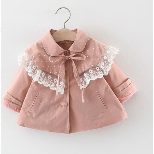 2019 Newborn Baby Girls Windbreaker Korean Fashion Lace Stitching Large Lapel Toddler Trench Coat Kids Clothing Fashion Outwear