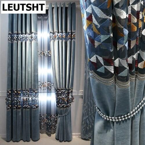 Blue hollow Geometric Design Blackout Curtains For Living Room Bedroom Luxurious Cashmere Window Blinds Curtain Drape
