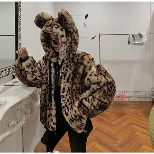 Timis Li Women Leopard Print Jacket Faux Fur Jacket Loose Medium Long Lamb Hoodie Long Sleeve Casual Fur Coat Outerwear Top