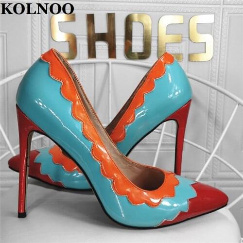 KOLNOO New Handmade Ladies Stiletto High Heels Pumps Three Patchwork Leather Pointed-Toe Party Prom Evening Fashion Court Shoes