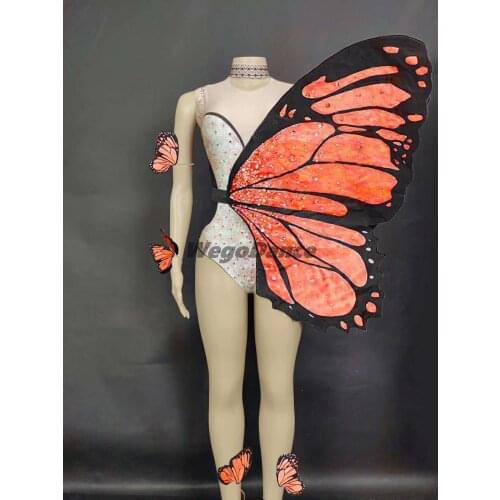 Bling Pink Butterfly Wings Rhinestones Bodysuit Dance Costume Women Party Show Performance Stage Wear Halloween Cosplay Costume