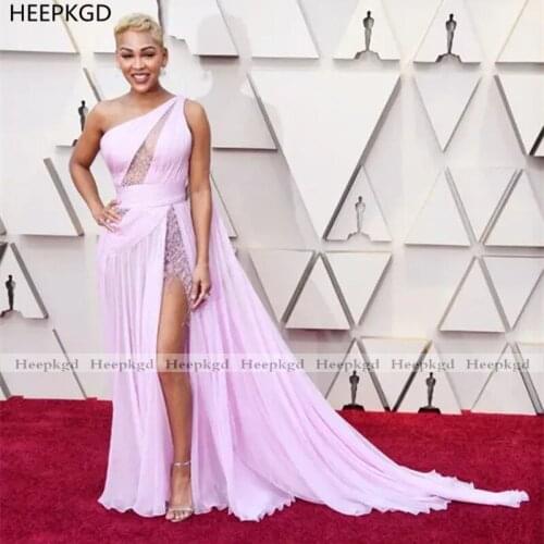 One Shoulder Pink Long 2021 Evening Dress High Slit See Through Sexy Black Girls Party Dresses Plus Size Evening Gowns Maxi