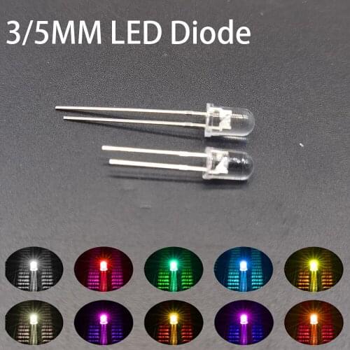 100pcs DIP LED 5mm Diode light DIY White Yellow Red Blue Green Round Water Clear 3mm Light Emitting Diodes Lamp F5 Beads
