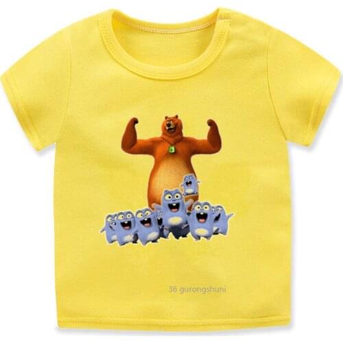 2021 Toddler Baby Tshirt Funny Slingshot Grizzly Bear Cartoon Print Boys T Shirt Cute Kids Clothes Yellow Summer Tops T Shirts