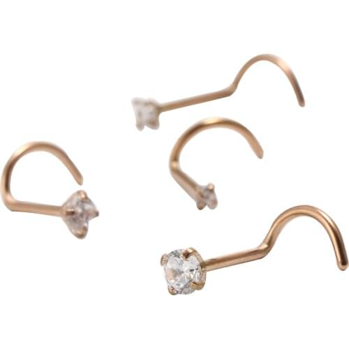 50pcs/lot Free Shipping Rose Gold CZ Gem Nose Rings 20G Nostril Ring Screw Stud Body Piercing Jewelry Surgical Steel