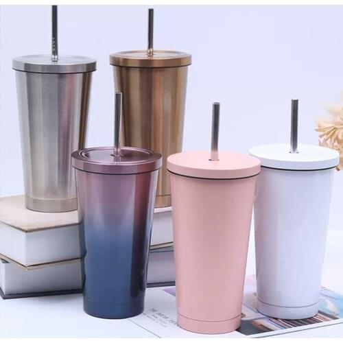 500ML Stainless Steel Straw Cup With Lid Insulated Vacuum Mugs Travel Beer Tea Coffee Juice Drinking Water Cup Flask Tumbler