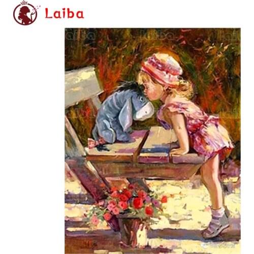 Diamond painting Abstract art, cute little girl with puppet dog cross stitch diamond embroidery mosaic room Decor