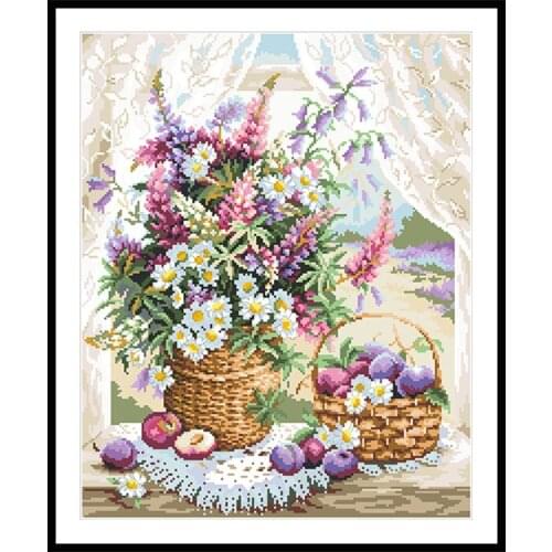 White Chrysanthemum Vase Cross Stitch Patterns Kits Printed Canvas Embroidery Needlework Sets 11CT 14CT Diy Home Decor Paintings