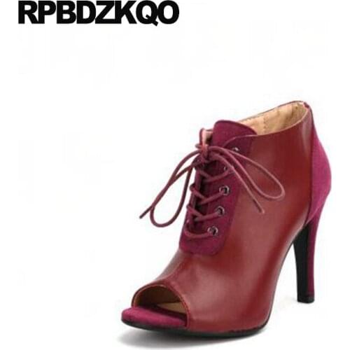 Big Size Booties Cheap High Heel Boots Ankle Luxury Brand Shoes Women Sandals 13 45 Wine Red Lace Up 10 Fetish Stiletto Peep Toe